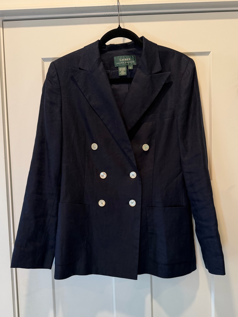 Lauren Ralph Lauren Navy Linen Double Breasted Blazer Size 6 Classic Preppy - Picture 4 of 14
